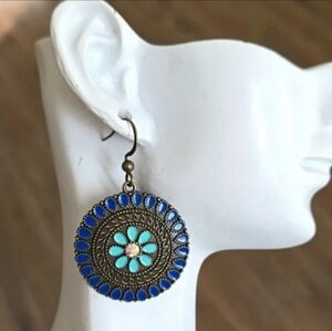 Blue and Bronze Vintage Boho Floral Dangle Earrings